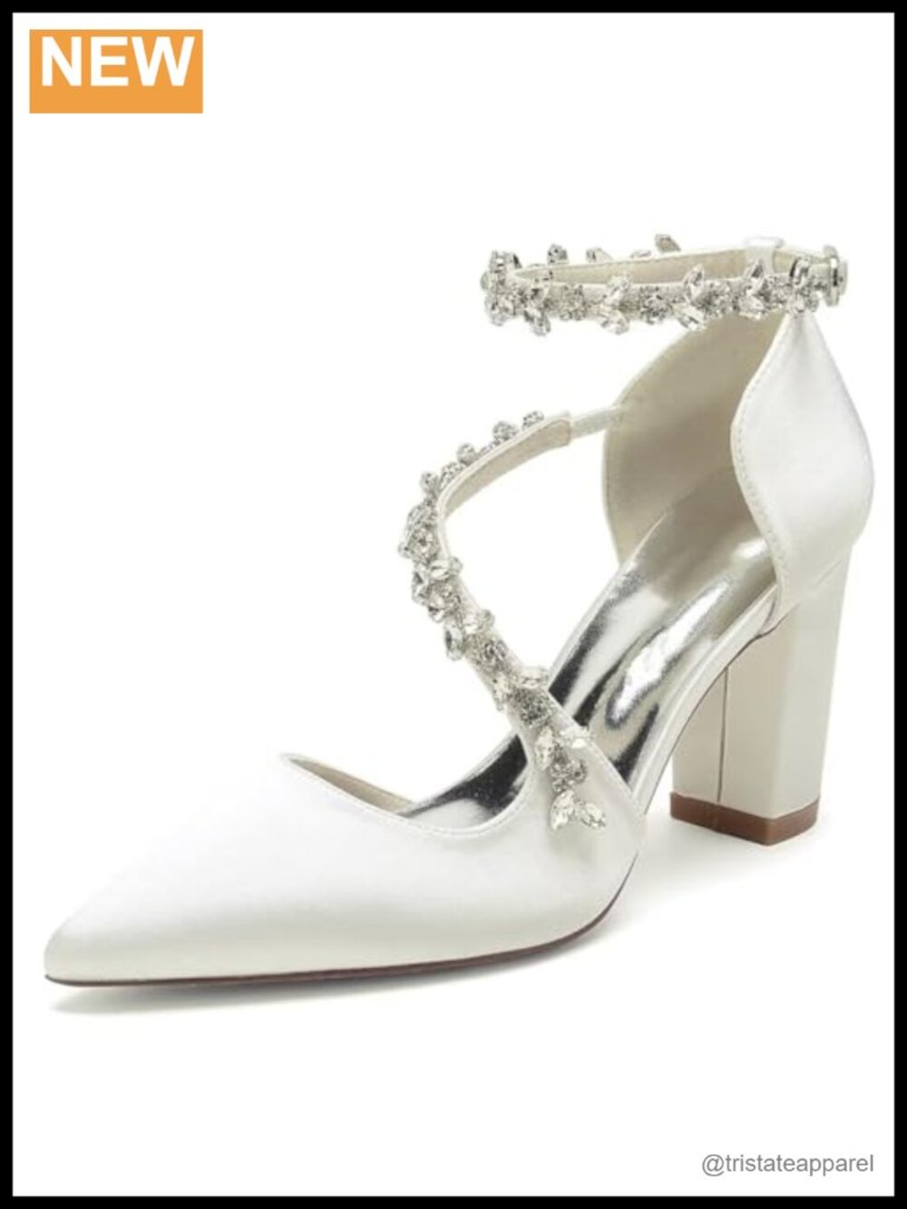 Satin Rhinestones Block Heel Wedding Shoes Pointed Toe Bridal Heels